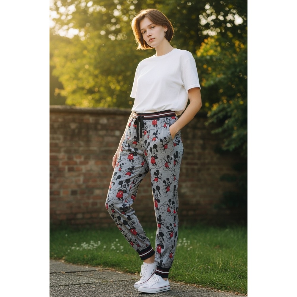 Disney Mickey Mouse All Over Print Pajama Jogger Pants Gray Red Small SM/P/C